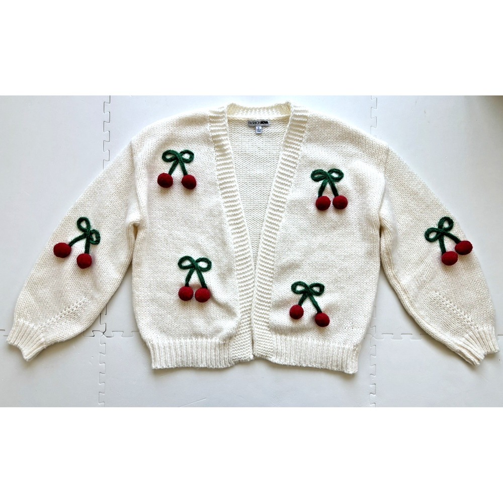 Womens Cardigan Sweater 3D Cherry Chunky Knit Pom Pom Fruit Twee Cute Kawaii - S
